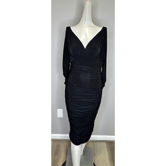 Norma Kamali Tara Long-Sleeve Deep-V Ruched Stretch Jersey Midi Dress $175 - Picture 3 of 11